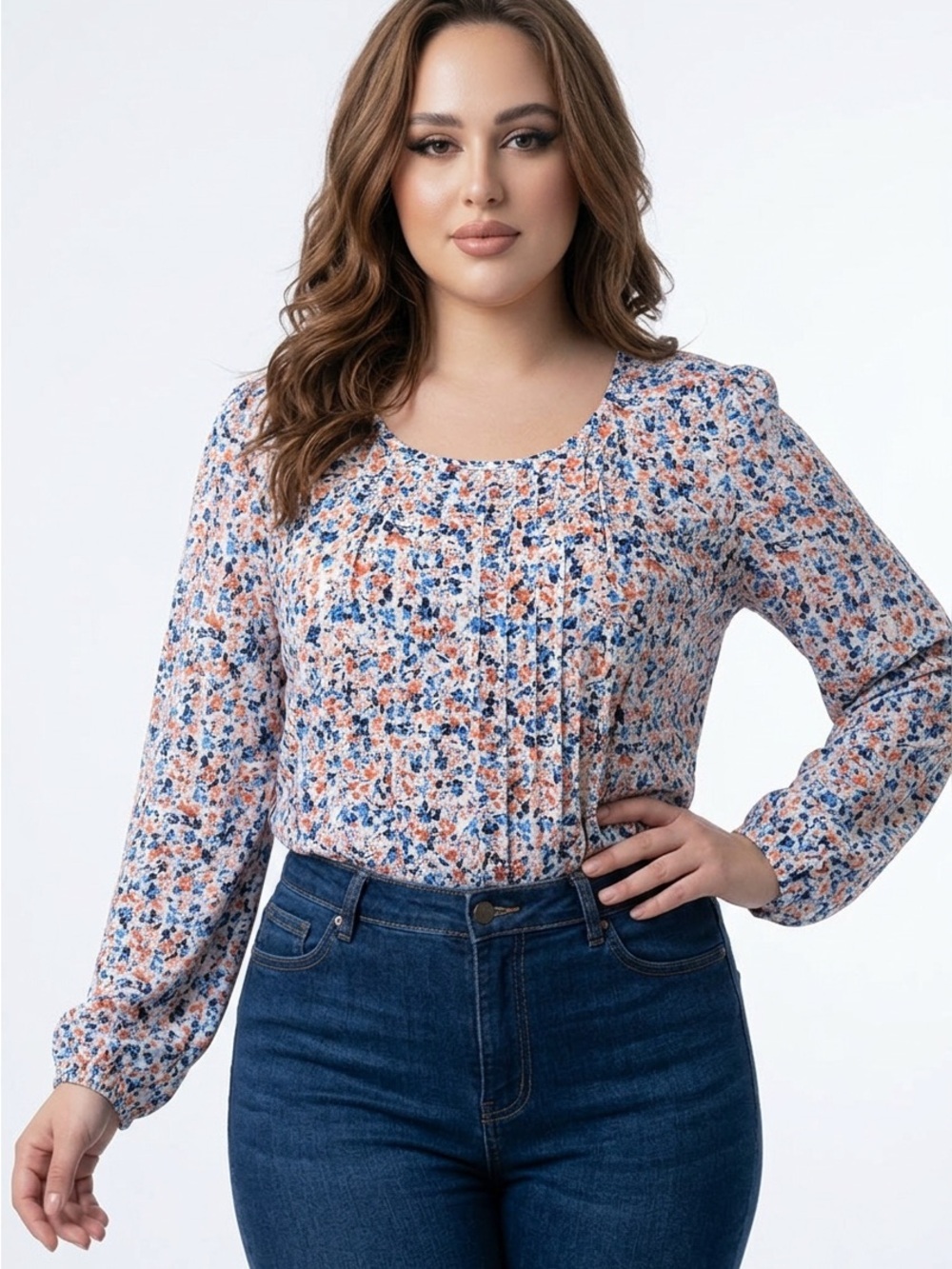Floral Pleated Long Sleeve Tunic Top - Blue & Peach Print